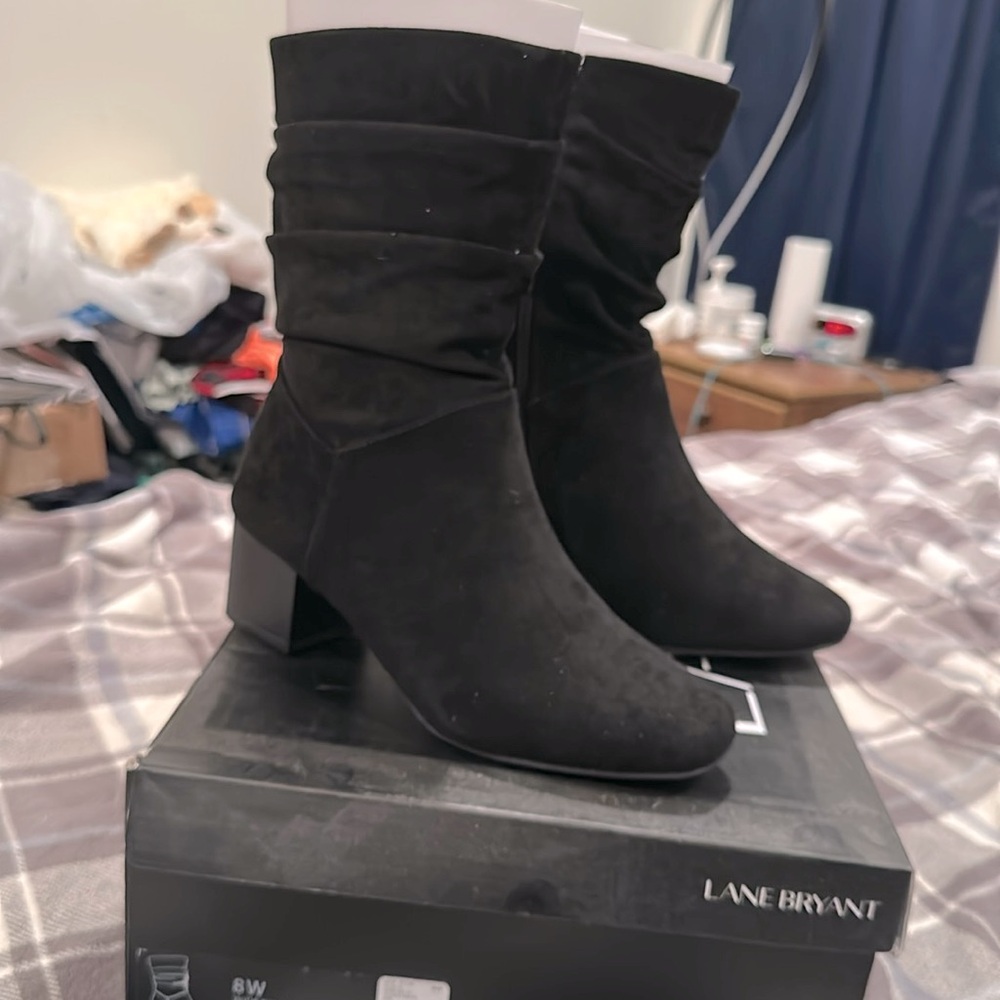 Brand new still in box, Lane Bryant wide calf, black suede boots 8W